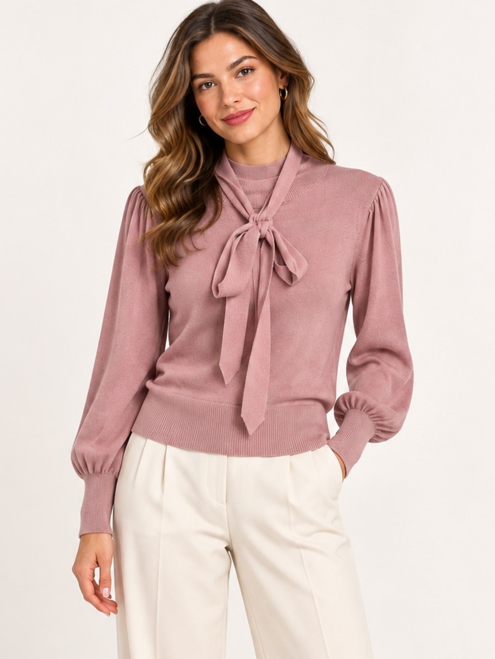 COMMENSE Dusty Rose Tie-Neck Puff Sleeve Knit Blouse Size Medium